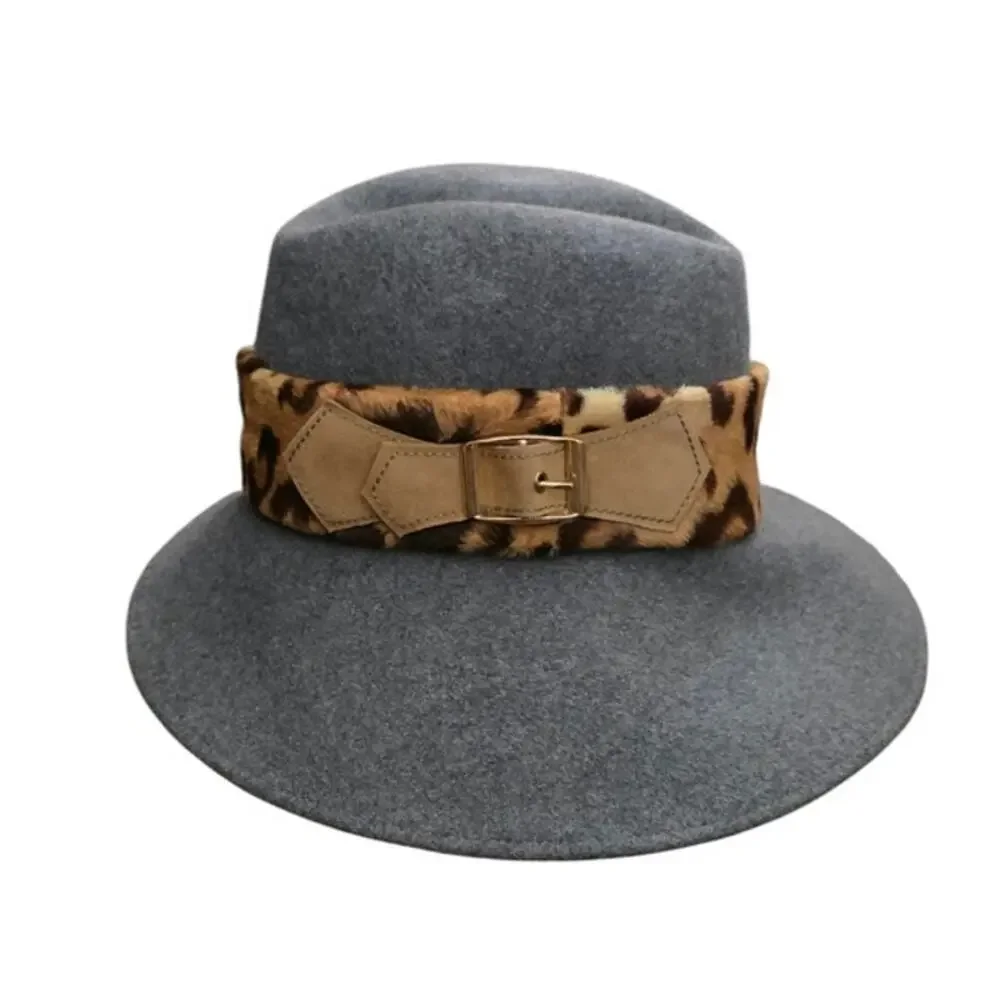 Vintage Fedora Adolfo II Hat Wool Wide Brim Felt Womens Gray Leopard